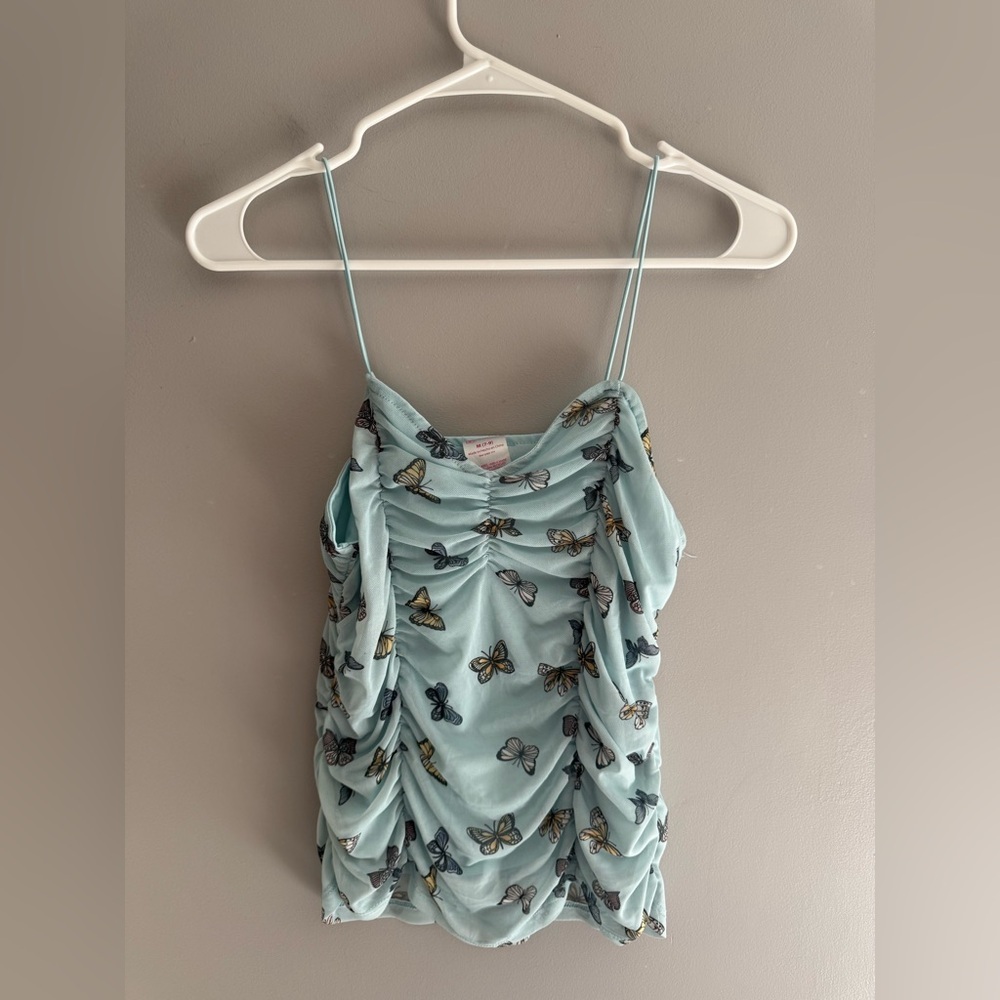No Boundaries Women’s Spaghetti Strap Scrunch Ruched Shirt SZ M Butterfly Blue